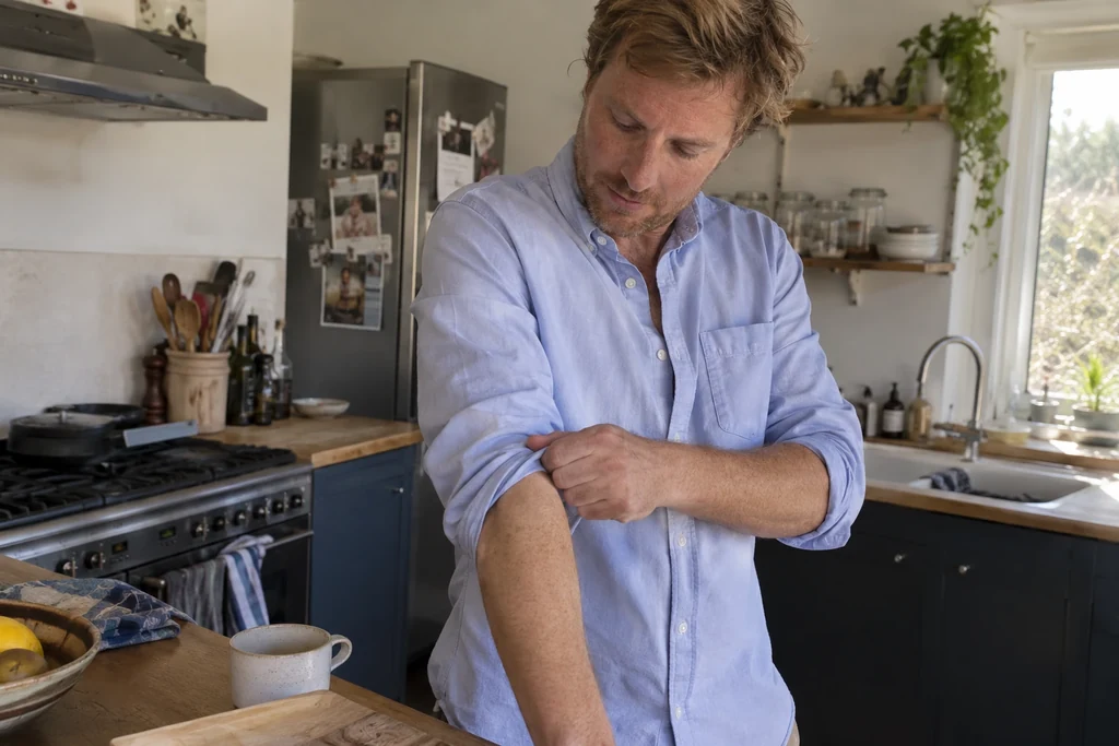 Un homme replie une manche de chemise bleue dans sa cuisine.