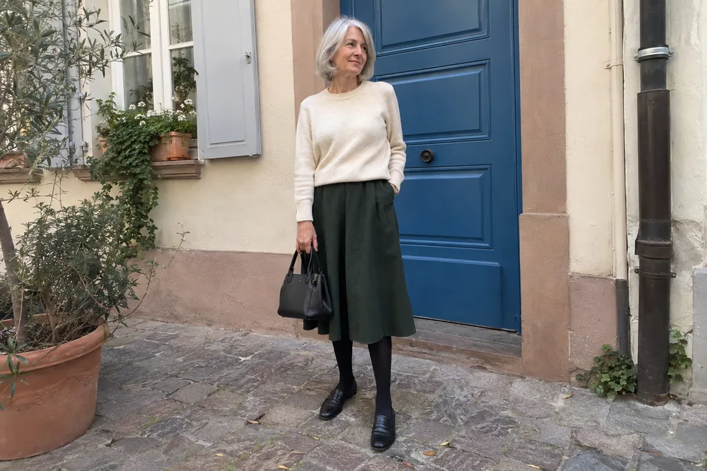 Femme aux cheveux gris en pull crème et jupe verte avec des collants noirs et des mocassins noirs.