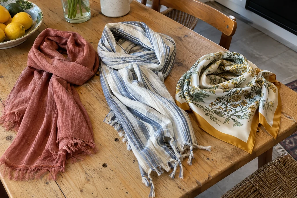 Deux foulards rectangulaires et un foulard carré sont disposés en plis souples sur une table.