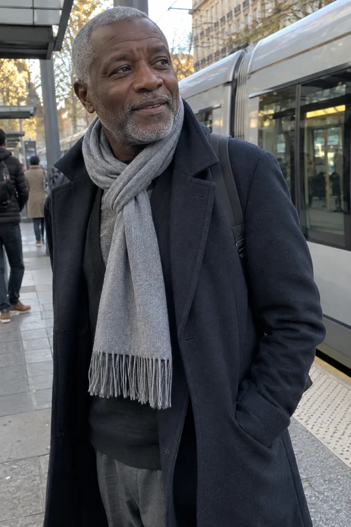 Un homme porte un foulard drapé sous un manteau ouvert près d’un arrêt de tram.