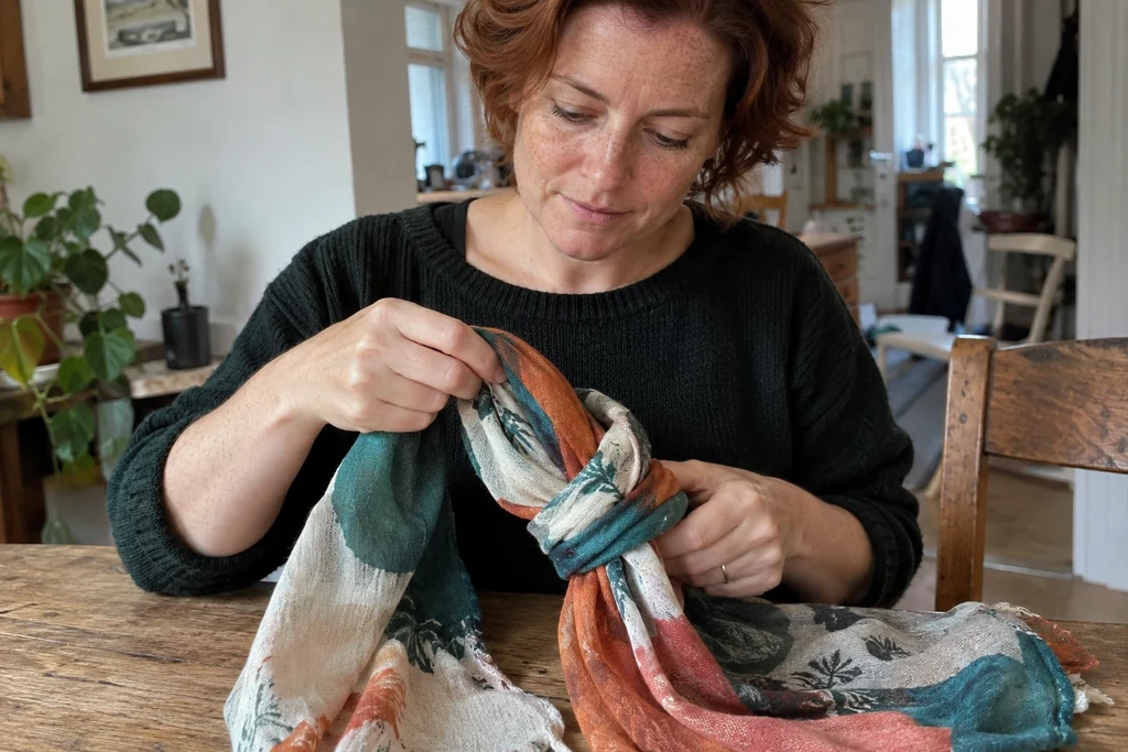 Des mains adultes forment un nœud simple avec un foulard posé sur une table.