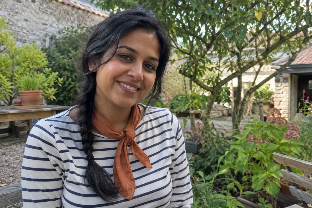 Une femme porte un petit foulard uni avec un haut rayé dans un jardin.