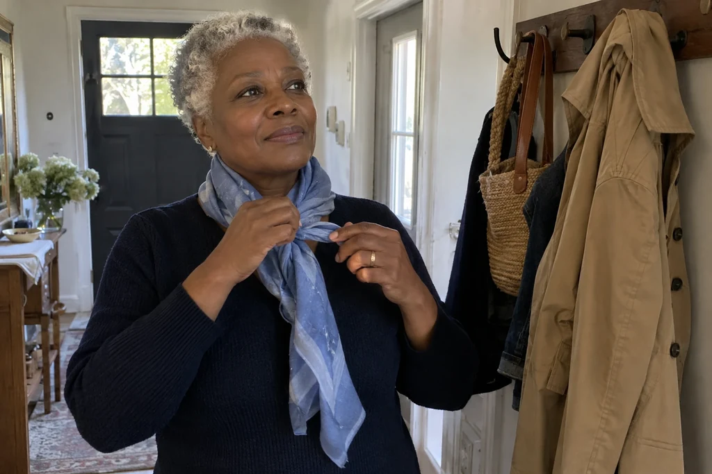 Une femme ajuste un petit foulard bleu près d’un porte-manteau dans son entrée.