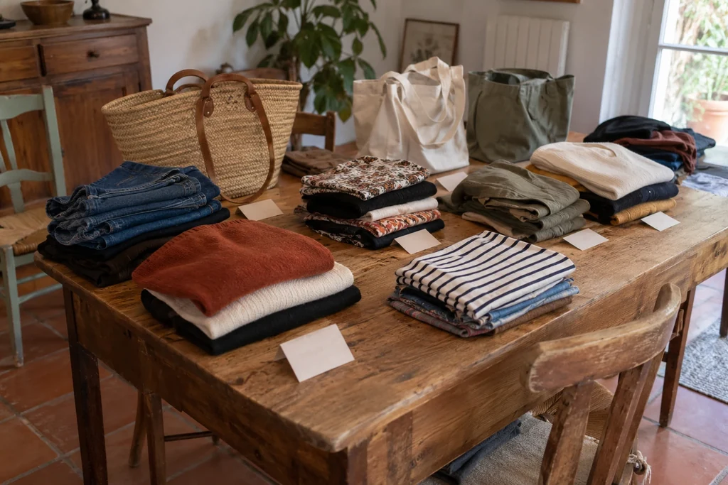 Des vêtements sont répartis en petites piles près de sacs réutilisables vides.