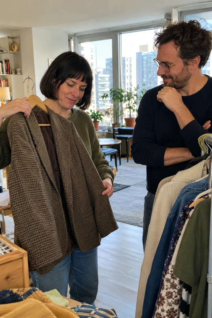 Deux adultes comparent une veste sur cintre pendant un petit troc convivial.
