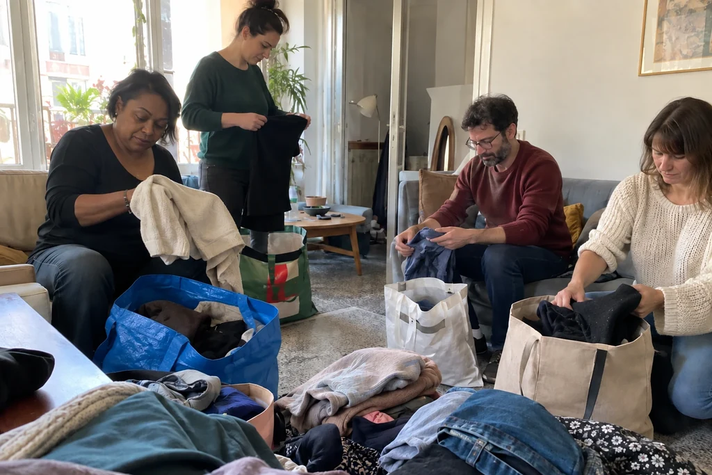 Des adultes plient les vêtements restants dans des sacs distincts à la fin d’une rencontre.