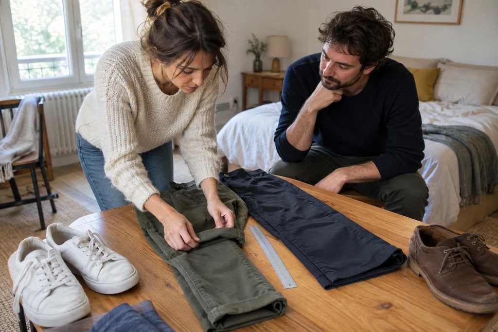 Deux personnes comparent un pantalon replié et un pantalon laissé long sur une table, avec leurs chaussures.