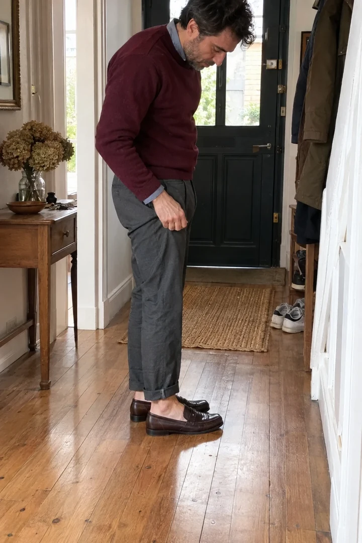 Un homme vérifie la longueur d’un pantalon à revers au-dessus de mocassins dans son entrée.