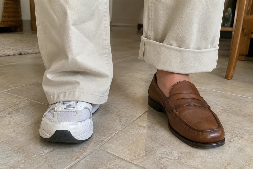 Les deux jambes d’un pantalon clair sont essayées avec une basket et un mocassin, à deux longueurs différentes.