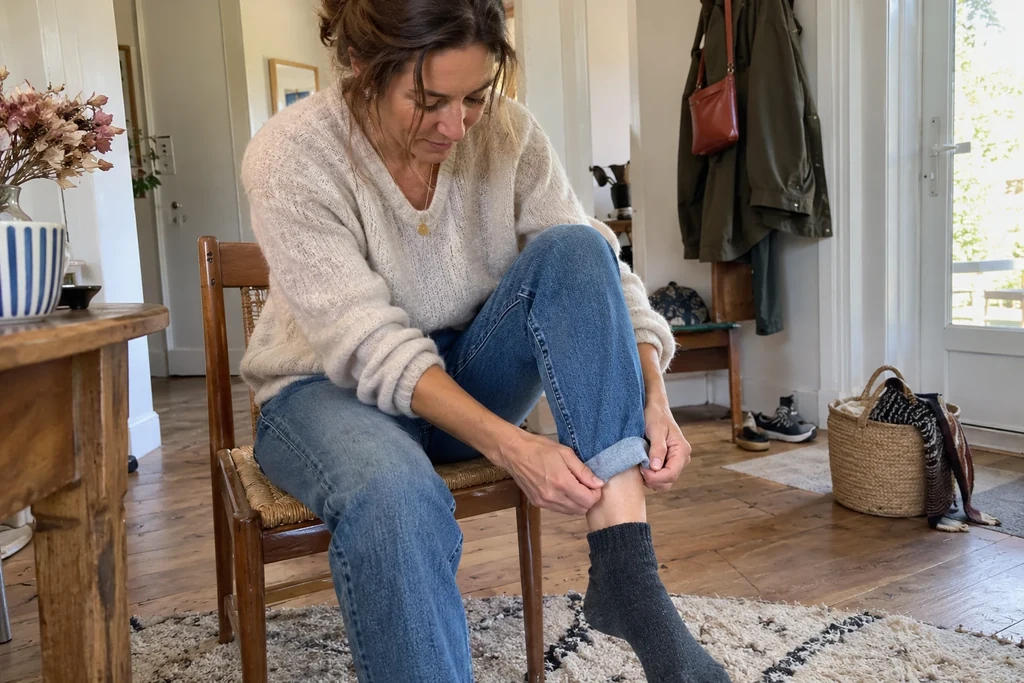 Une femme assise déroule le revers de son jean à son retour chez elle.