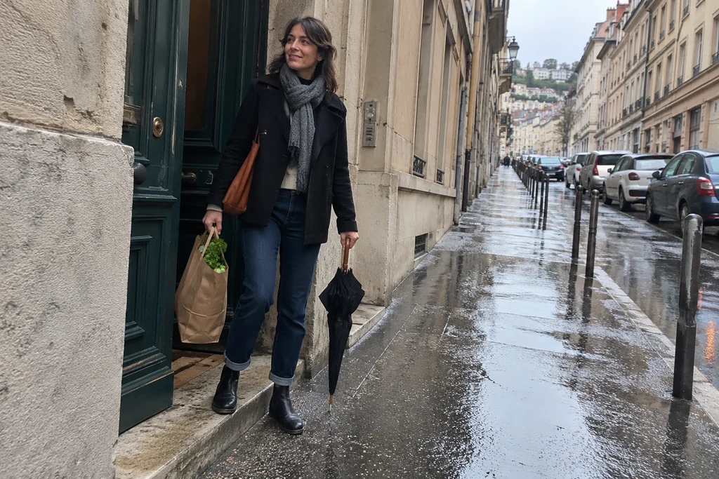 Une femme en jean droit à revers et bottines se tient sur un seuil après la pluie.