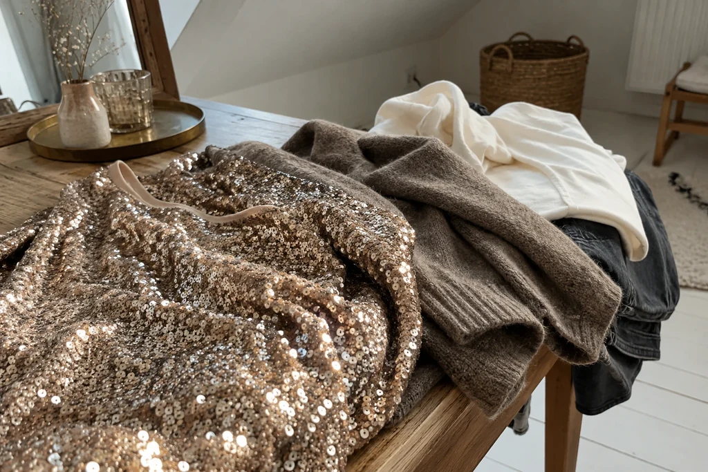 Un tissu à paillettes est placé près de surfaces mates en maille et en coton.