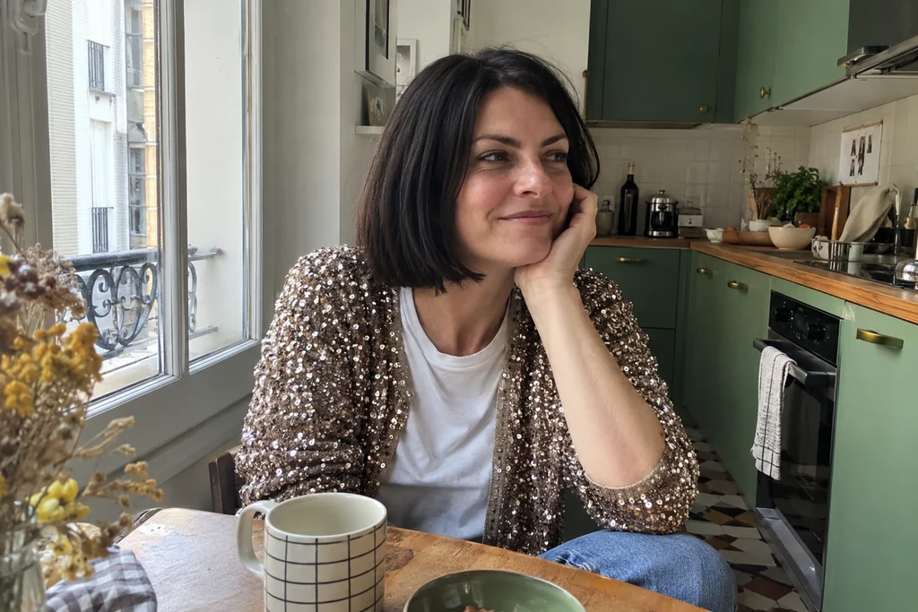 Une femme porte un cardigan à paillettes ouvert sur un tee-shirt près d’une fenêtre de cuisine.