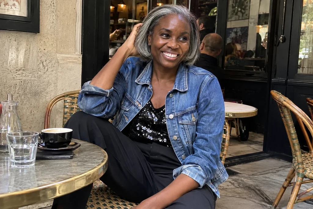 Une femme porte un haut sombre à paillettes sous une veste en jean dans un café en journée.