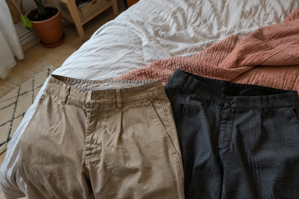 Deux pantalons de formes différentes sont posés sur un lit pour comparer leurs ceintures.