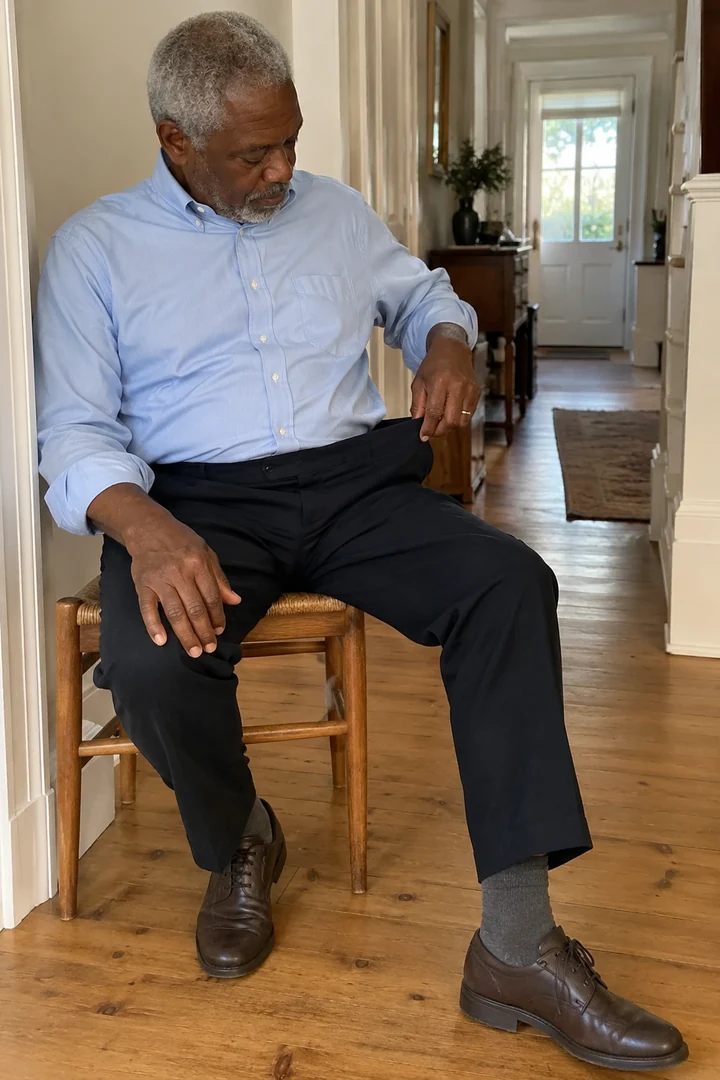 Un homme est assis sur une chaise dans un pantalon sombre, dans une entrée lumineuse.