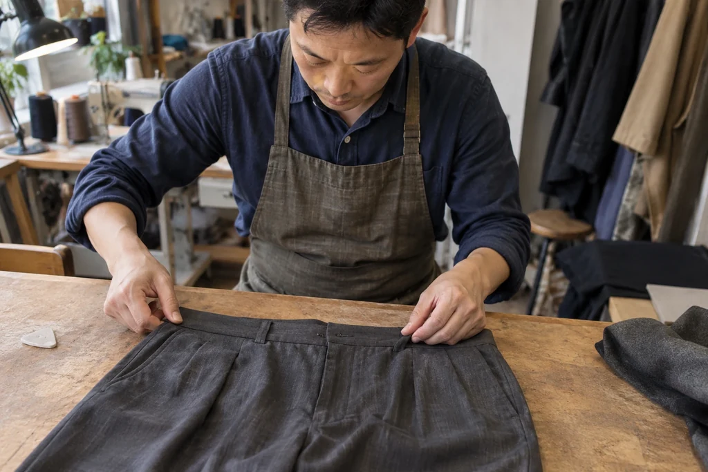 Un pantalon est examiné au niveau de la ceinture sur une table de retouche.
