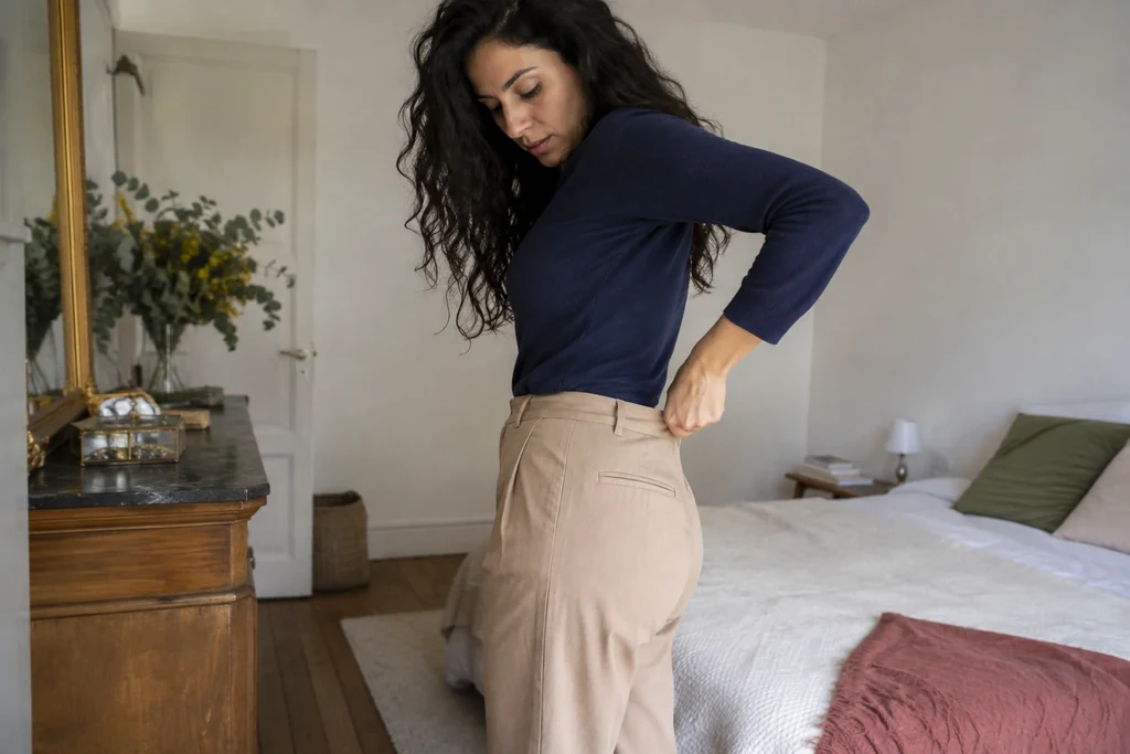 Une femme examine l’espace au dos de la ceinture d’un pantalon beige porté avec un haut sombre.