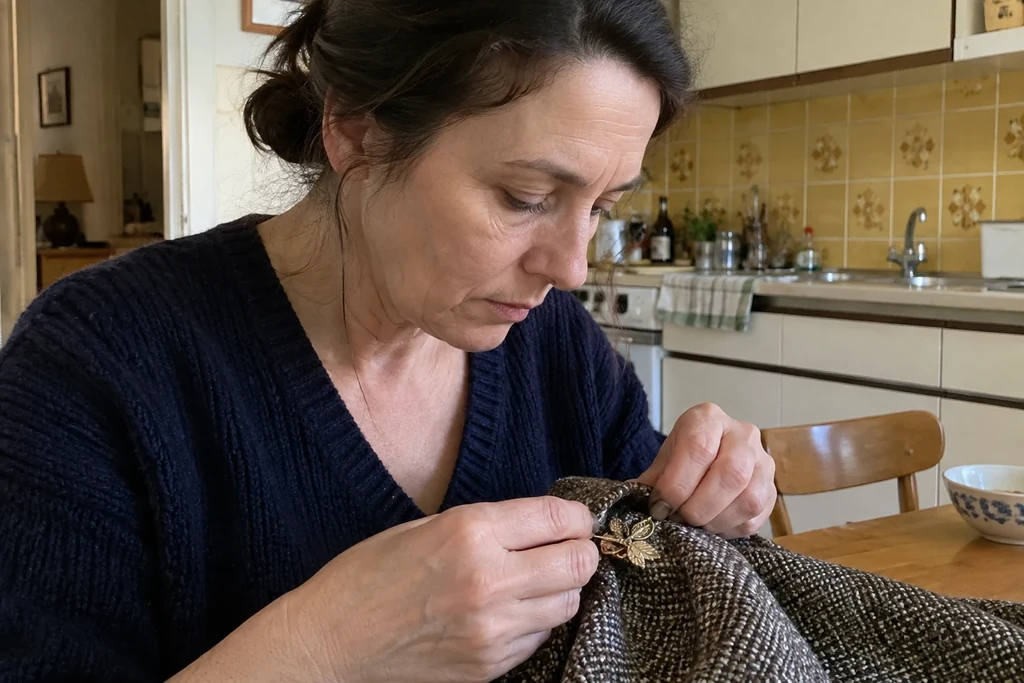 Une femme manipule une petite broche près d’un tissu épais posé sur une table.
