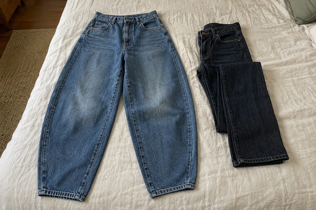 Un jean barrel et un jean droit montrent deux lignes de jambe différentes.