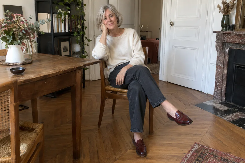 Une femme essaie son jean barrel assise, avec des mocassins plats.