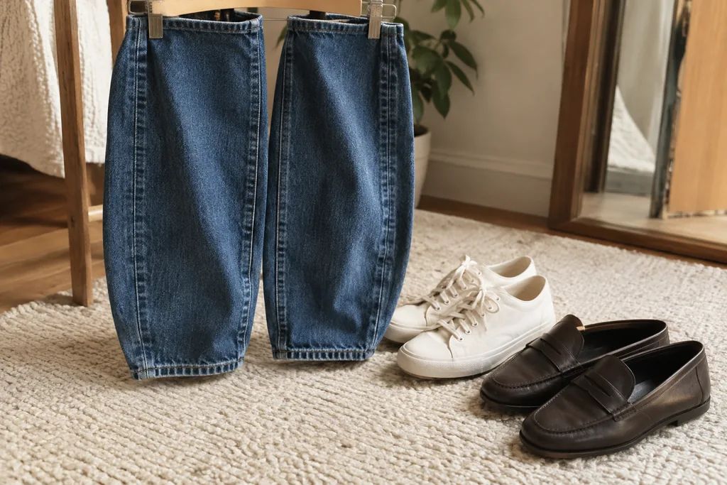 Deux paires de chaussures sont placées près du bas resserré d’un jean barrel.