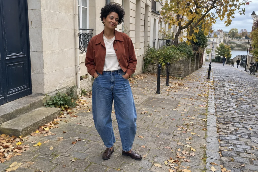 Une femme porte un jean barrel bleu avec une veste courte et des chaussures plates.