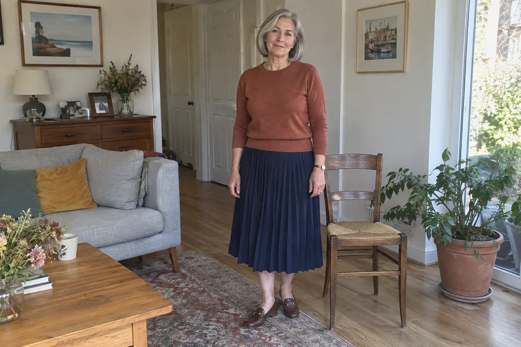 Femme aux cheveux gris portant un pull rouille, une jupe plissée marine et des chaussures marron dans un salon.