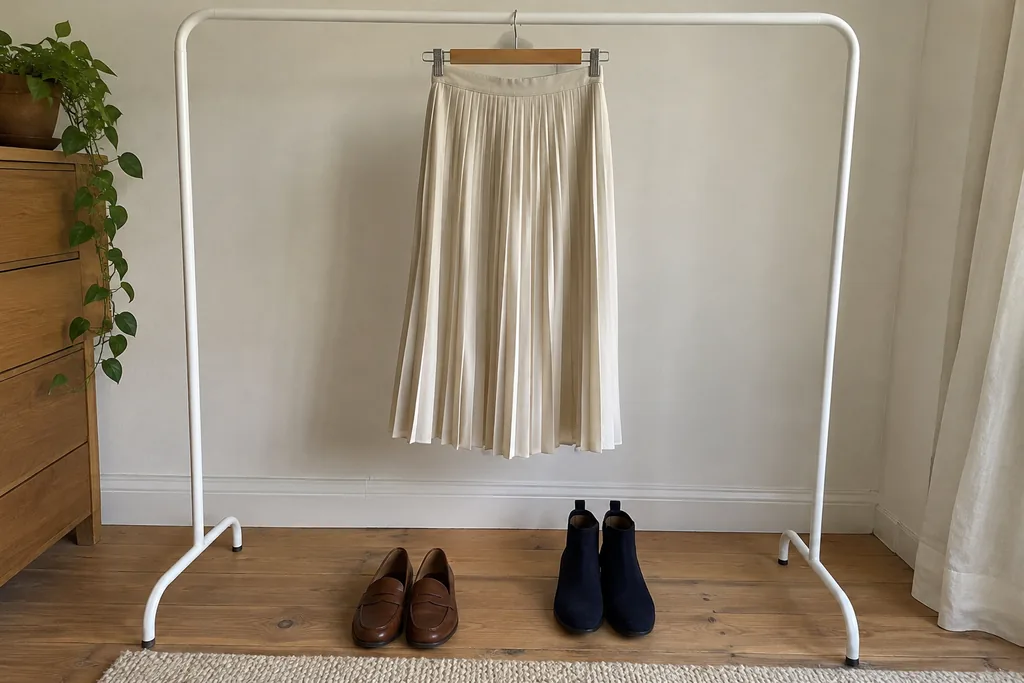 Jupe plissée écrue suspendue au-dessus de mocassins marron et de bottines marine posés au sol.