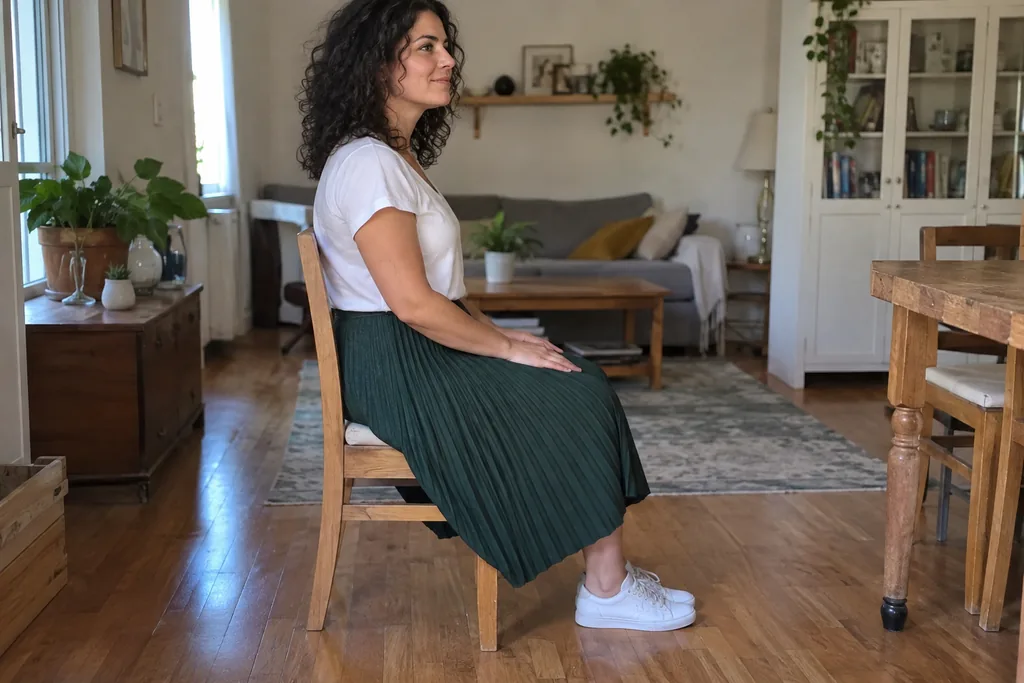 Femme aux cheveux bouclés assise sur une chaise, en haut blanc, jupe plissée vert foncé et baskets blanches.