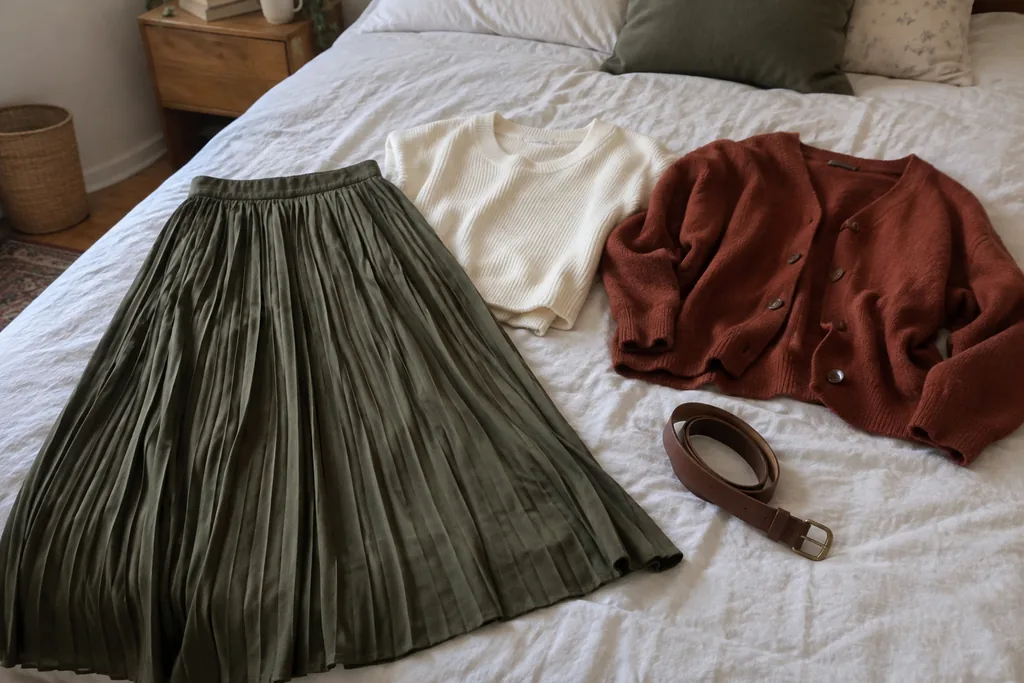 Jupe plissée olive, maille crème, cardigan rouille et ceinture marron posés sur un lit.