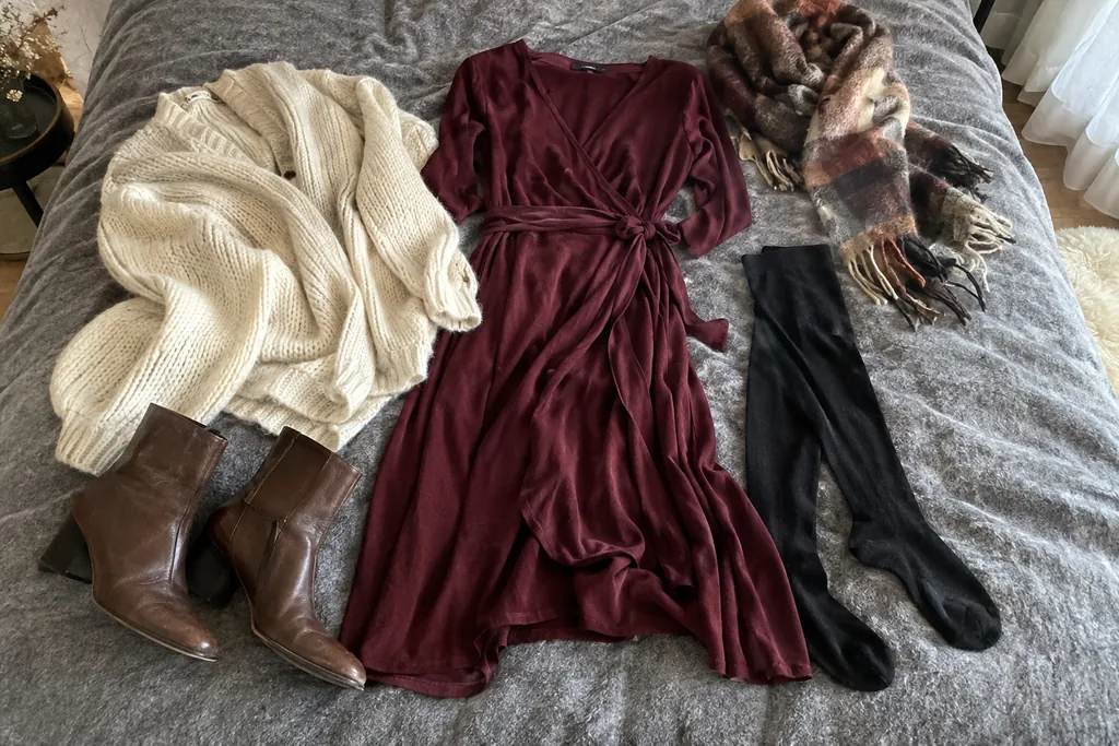 Sur un lit à couverture grise, une robe portefeuille bordeaux, des bas noirs opaques, un cardigan crème épais, des bottines marron et une écharpe à carreaux.