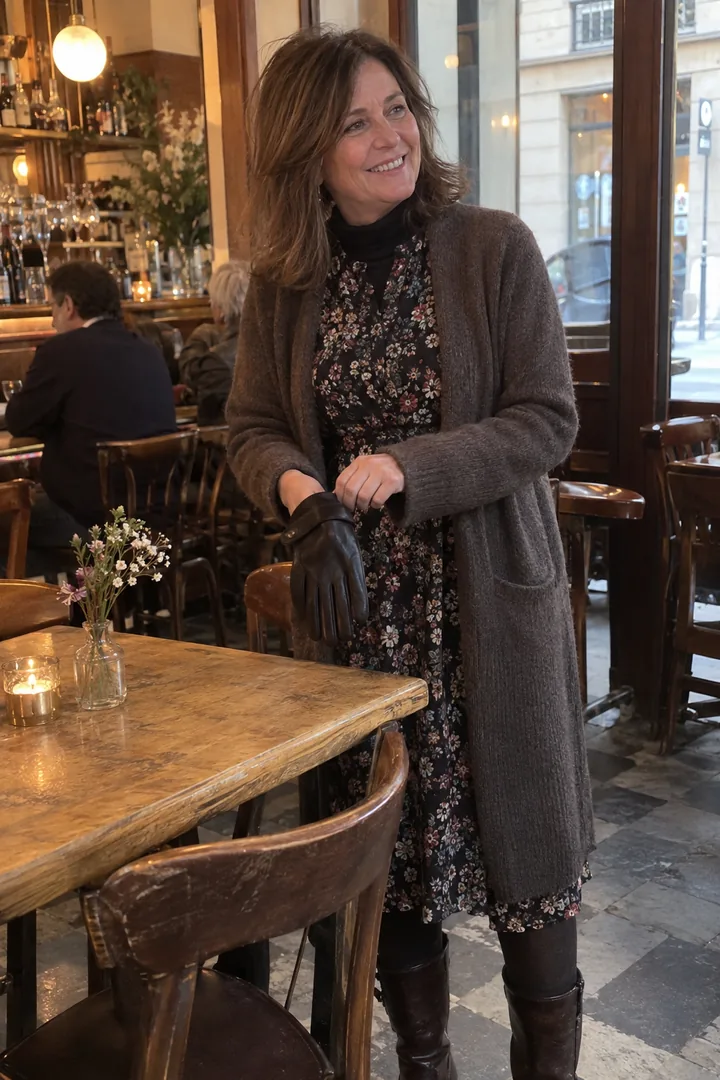 Dans un bistrot chaleureux, une femme d’une cinquantaine d’années en robe fleurie à manches longues portée sur un col roulé noir, sous un long cardigan, retire ses gants.