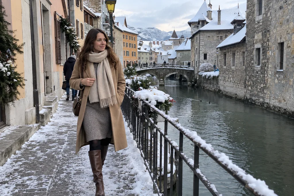 Dans la vieille ville enneigée d’Annecy, une femme marche en robe en maille, collant noir opaque, bottes hautes marron et long manteau camel.