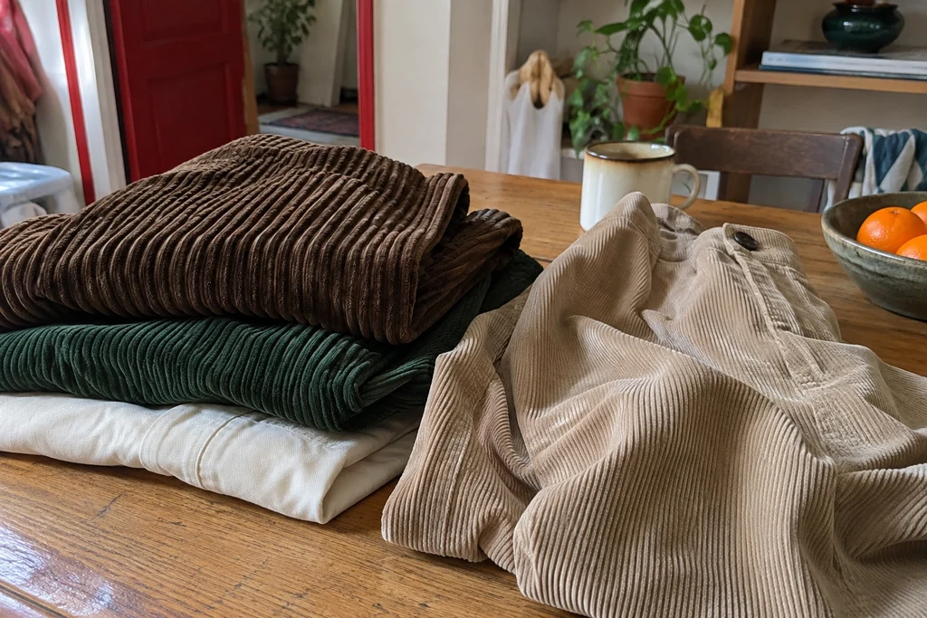 Des velours à côtes larges et fines sont comparés à un tissu de coton lisse sur une table.