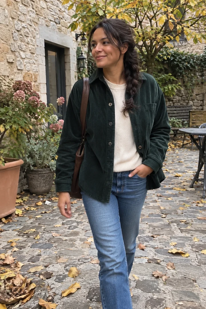 Une femme en surchemise de velours vert foncé et jean droit traverse une cour.