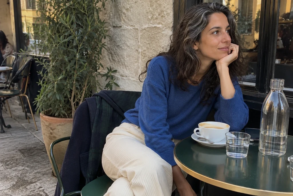 Une femme en pantalon de velours crème et maille bleue est assise dans un café.