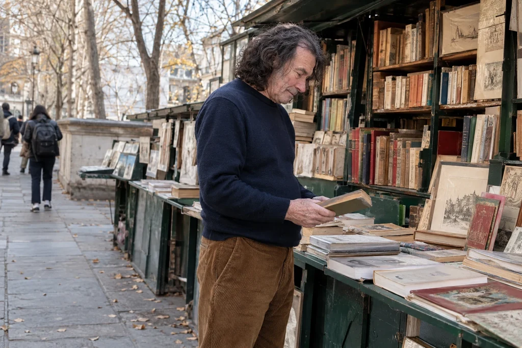 Un homme en pantalon de velours brun et pull bleu foncé regarde un étal de livres.