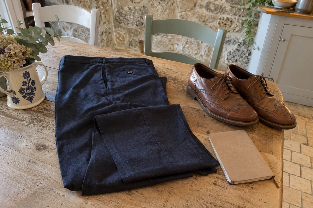 Un pantalon, des chaussures et un petit carnet sont préparés avant un rendez-vous.