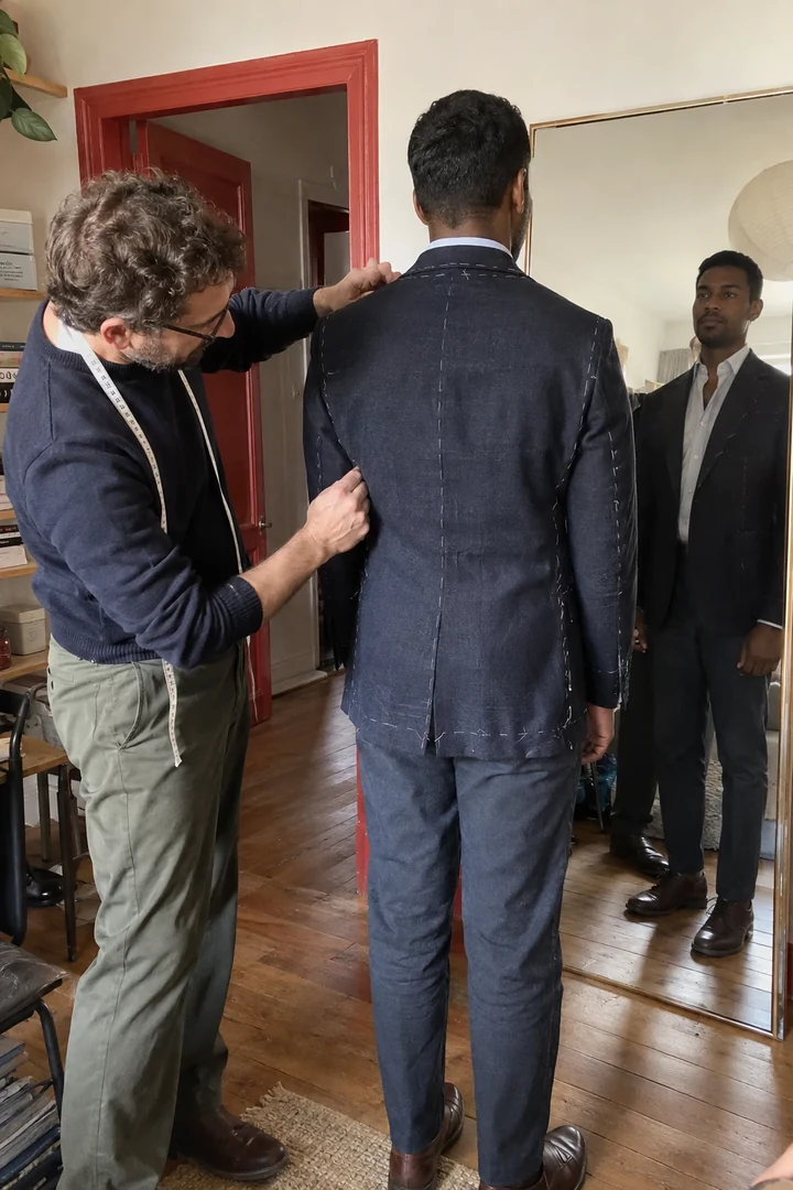 Un professionnel et un homme adulte discutent du tombé d’une veste devant un miroir.