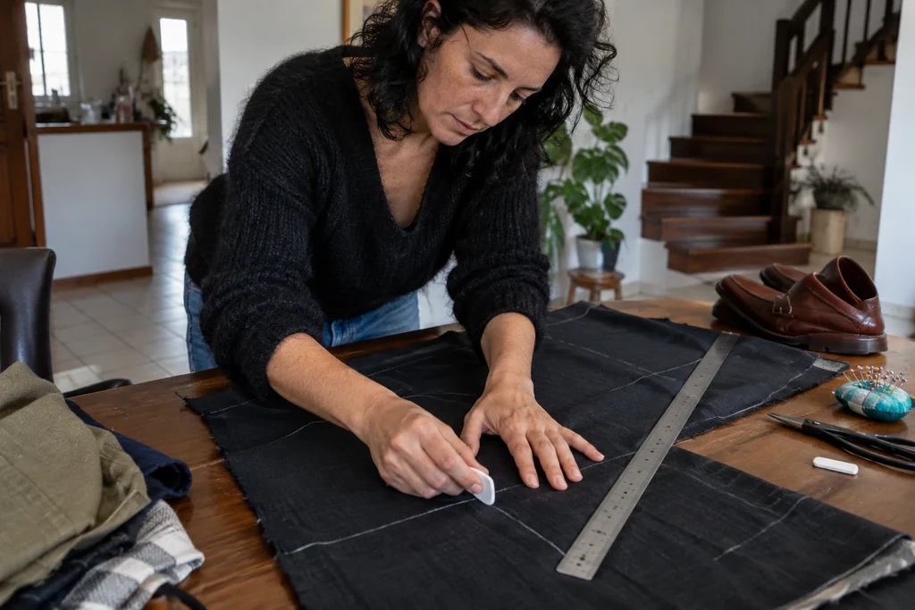 Une craie de tailleur marque un tissu posé à plat près d’une règle.