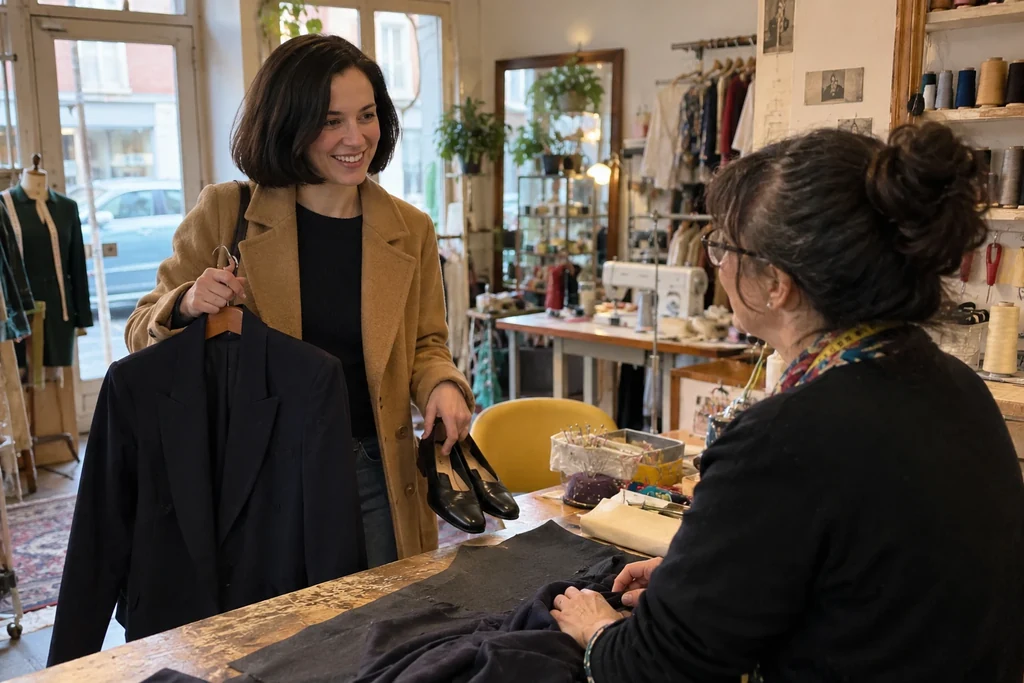 Une femme arrive dans un atelier de retouche avec une veste sur cintre et une paire de chaussures.