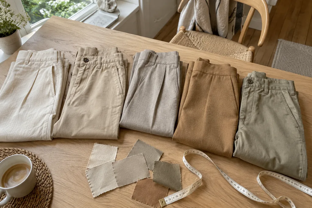 Cinq pantalons pliés côte à côte sur une table en chêne, du crème au camel, avec un beige grisé, un beige kaki, des échantillons de tissu et un mètre ruban.