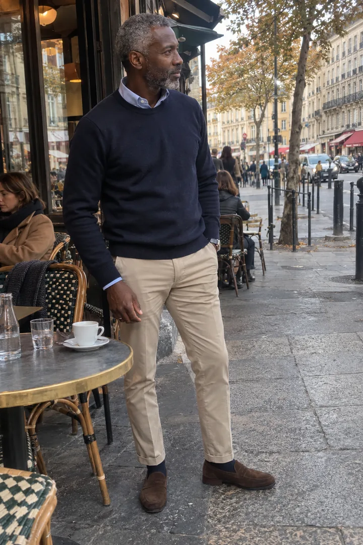 Un homme d’une quarantaine d’années en chino beige à revers, chemise oxford bleu ciel, pull marine et mocassins en daim marron devant une terrasse de café.