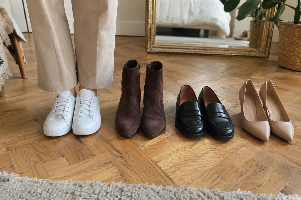 Bas d’un pantalon beige droit porté avec des baskets blanches, à côté de bottines en daim chocolat, de mocassins noirs et d’escarpins nude sur un parquet.