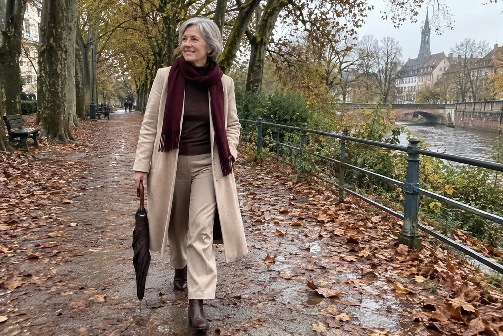 Une femme aux cheveux argentés marche le long d’une rivière en automne, en pantalon camel, col roulé chocolat, long manteau écru, écharpe bordeaux et bottines.