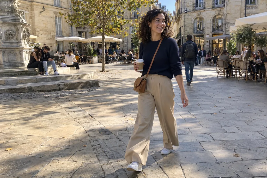 Une jeune femme aux cheveux bouclés traverse une place de Bordeaux en pantalon large beige sable, pull marine et baskets blanches, un café à la main.