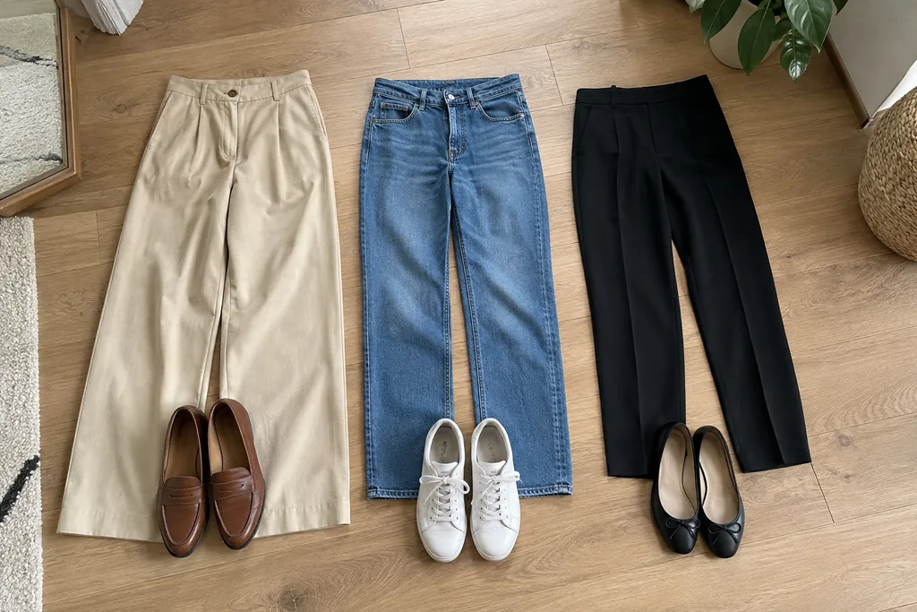 Trois associations posées sur un parquet clair : pantalon large beige et mocassins marron, jean droit et baskets blanches, pantalon cigarette noir et ballerines.