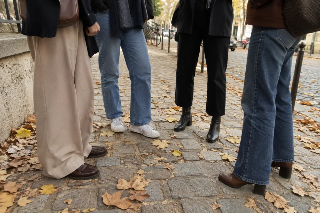 Sur un trottoir pavé de Paris, les jambes de quatre amis montrent quatre associations : pantalon large et mocassins, jean droit et baskets, pantalon court et bottines, jean évasé et bottines à talon.