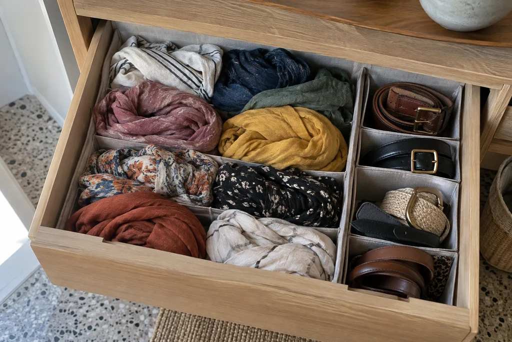 Un tiroir peu profond contient des foulards séparés et des ceintures organisées.